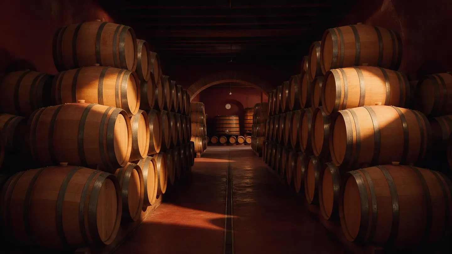 Interior de una bodega de crianza con barricas de roble en penumbra cálida