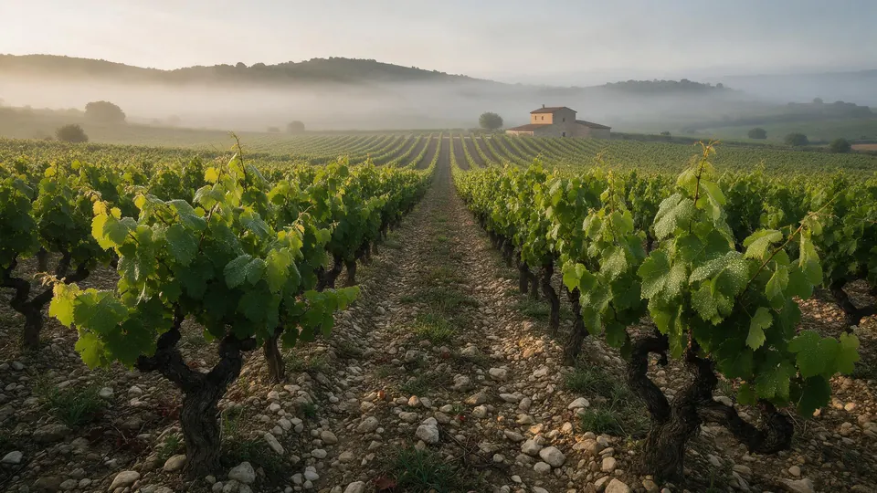 Hileras de viñedo al amanecer, origen de la uva que envejece en bodega