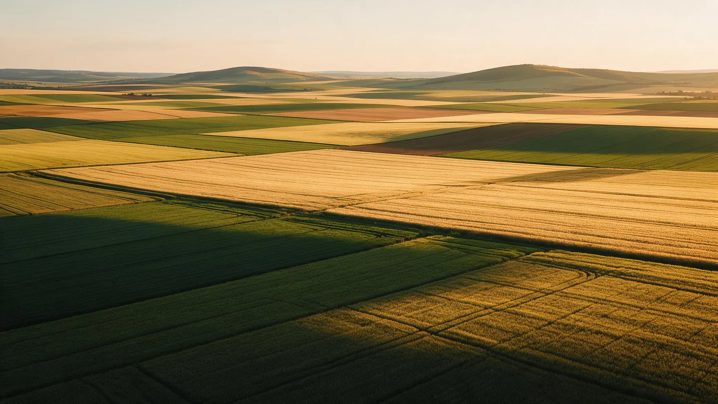 Mosaico de campos de cultivo al atardecer, la tierra en conjunto