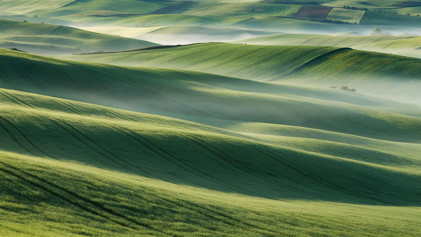 Lomas verdes y líneas de cultivo que dibujan un paisaje rural