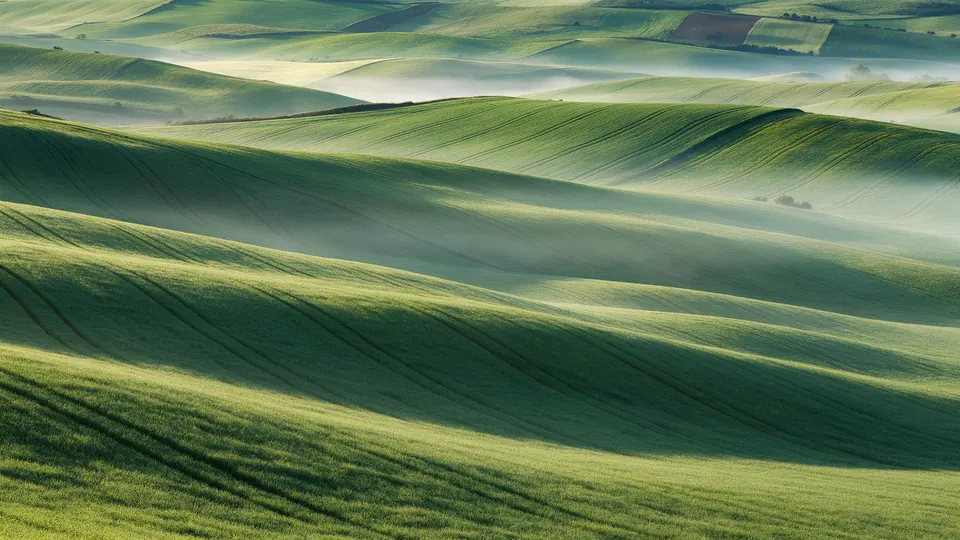 Mosaico de campos de cultivo verdes vistos desde lo alto