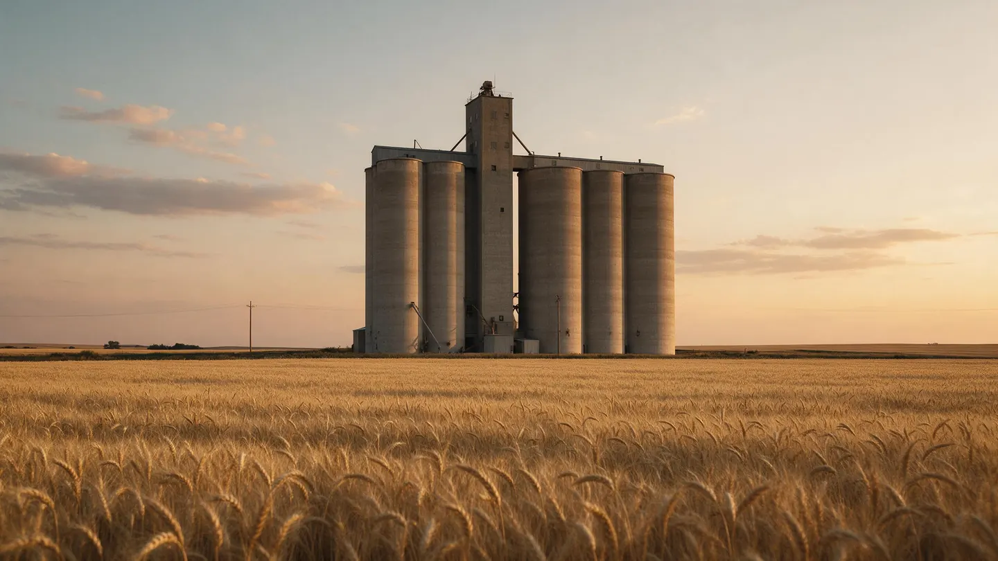 Silos de grano al atardecer junto a un trigal